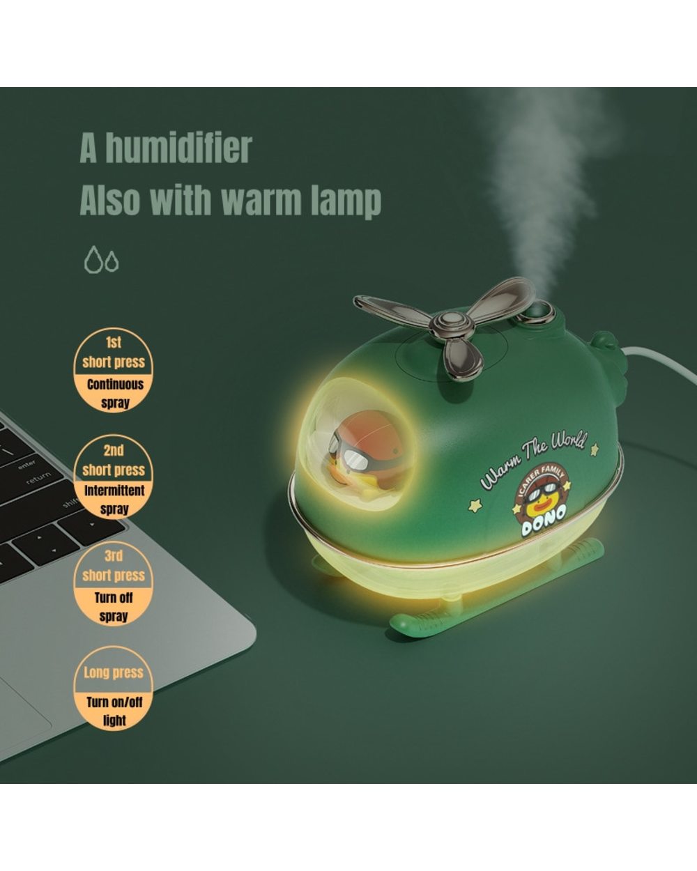 Mini Cartoon Helicopter Aroma Air Humidifier Usb Electric Essential Oil Diffuser With Warm Night Light For Car Office H front-3