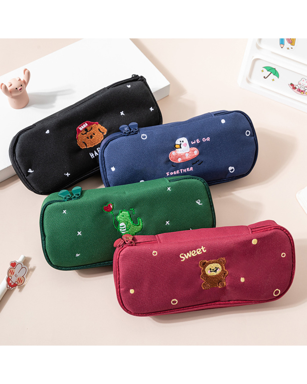 Cartoon Animal Embroidery Pencil Bag Pen Case Sweet Dinosaur Bear Dog Duck Storage Pouch Stationery School Supplies A69 front-2