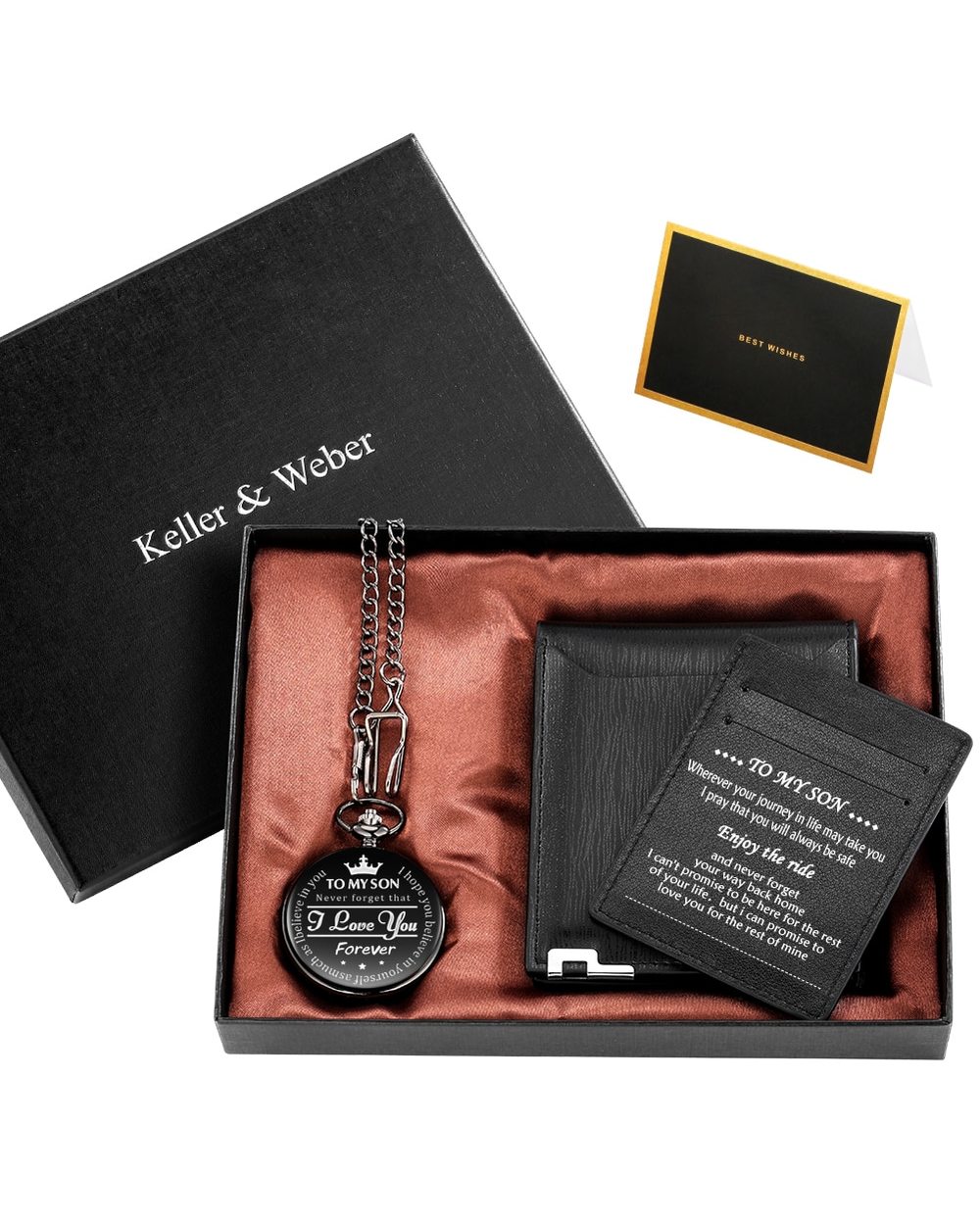 4pcs/Set To My Son I Love You Forever Quartz Pocket Watch Wallet Set Durable Black Leather Wallet front-0