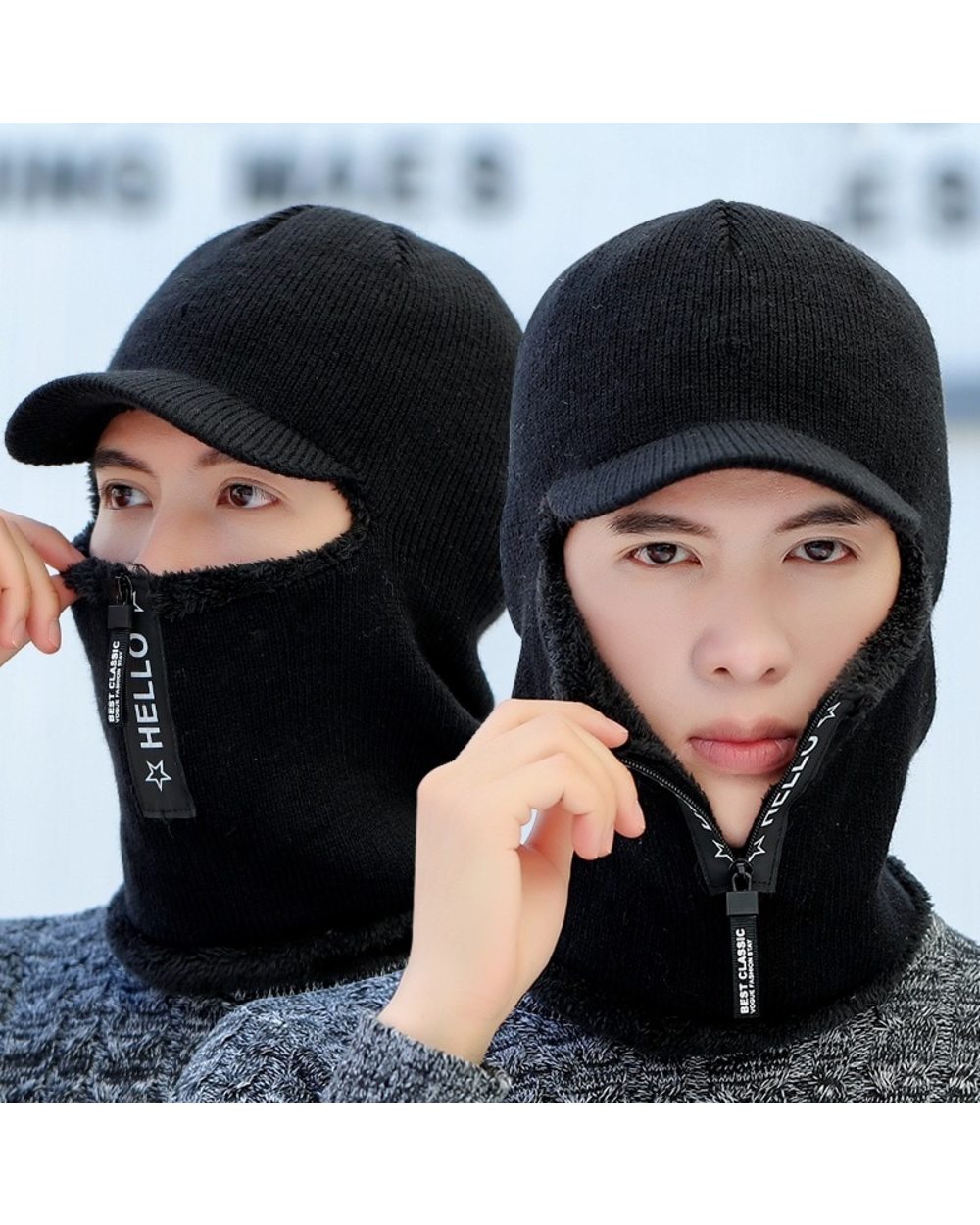 Men And Women Winter Knitted Hat With Zipper New Add Fur Lined Warm Brim Winter Hats For Men Keep Face Ear Warm Balacla front-1