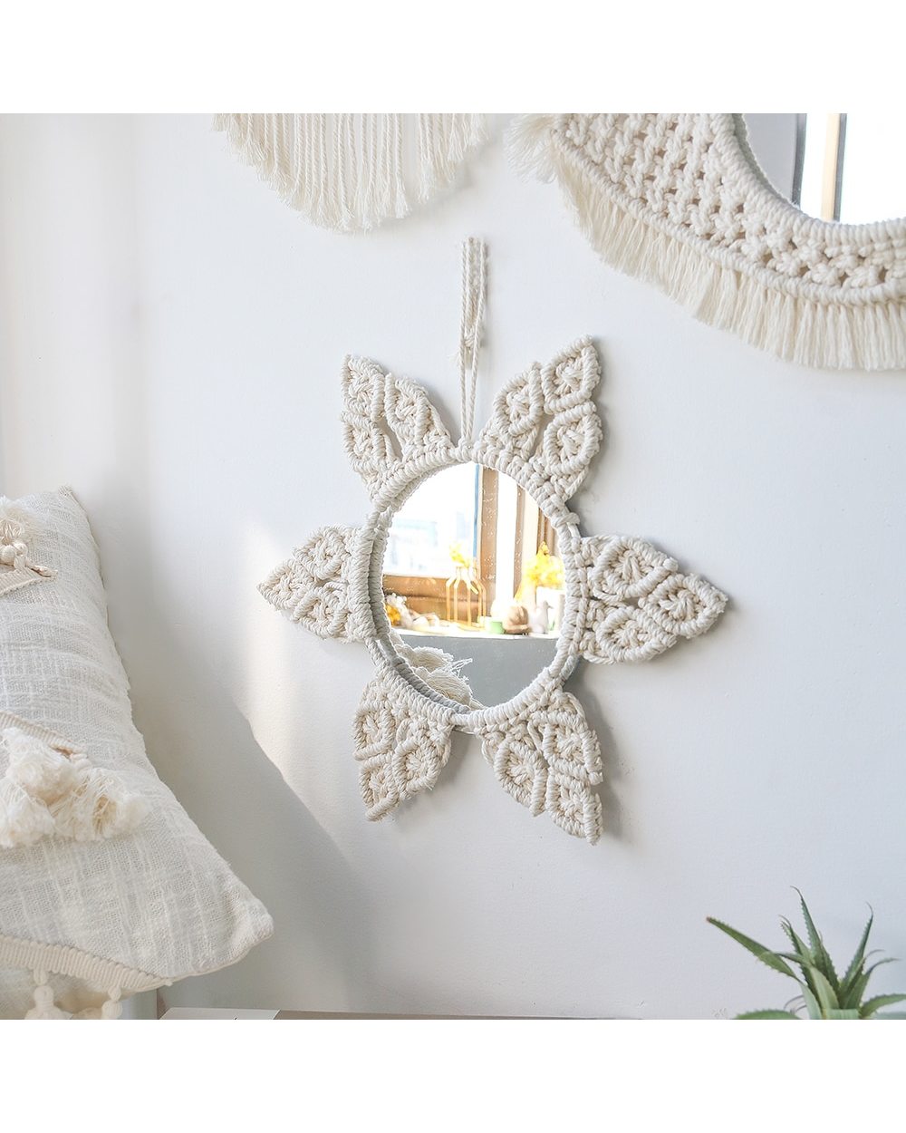 Mirror with light Wall stickers Macrame Mirror Round Boho Decorative Decor for Apartment Bedroom Baby Nursery Dorm VG06 front-1