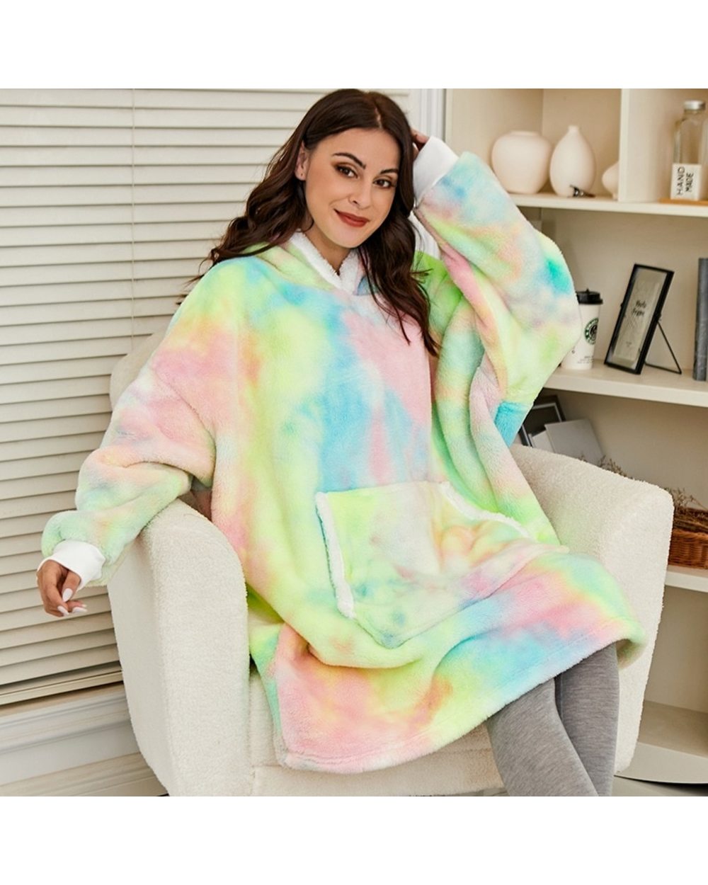 Oversized Hoodie Blanket Wtiner Sweatshirt Women Tie Dye Hoodies Fleece Giant Wearable Blanket Sleeves Winter Pullover front-2