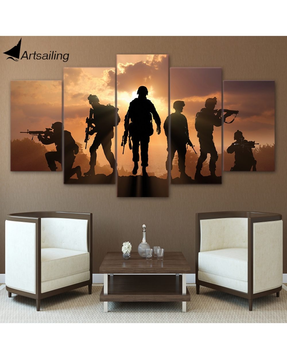 Patriotic US military Painting Soldiers With Army in Sunset Inspiration5 Panel Canvas Art Wall Decor front-3