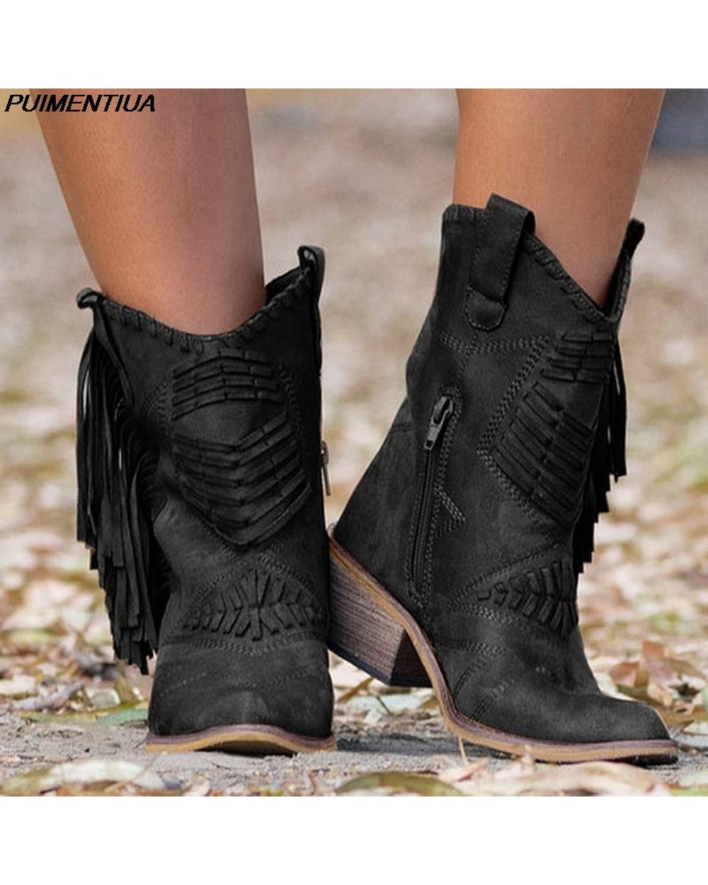 Tassel Western Cowboy Boots for Women Leather Cowgirl Boots Low Heels Shoes Winter Boots VG06 front-3