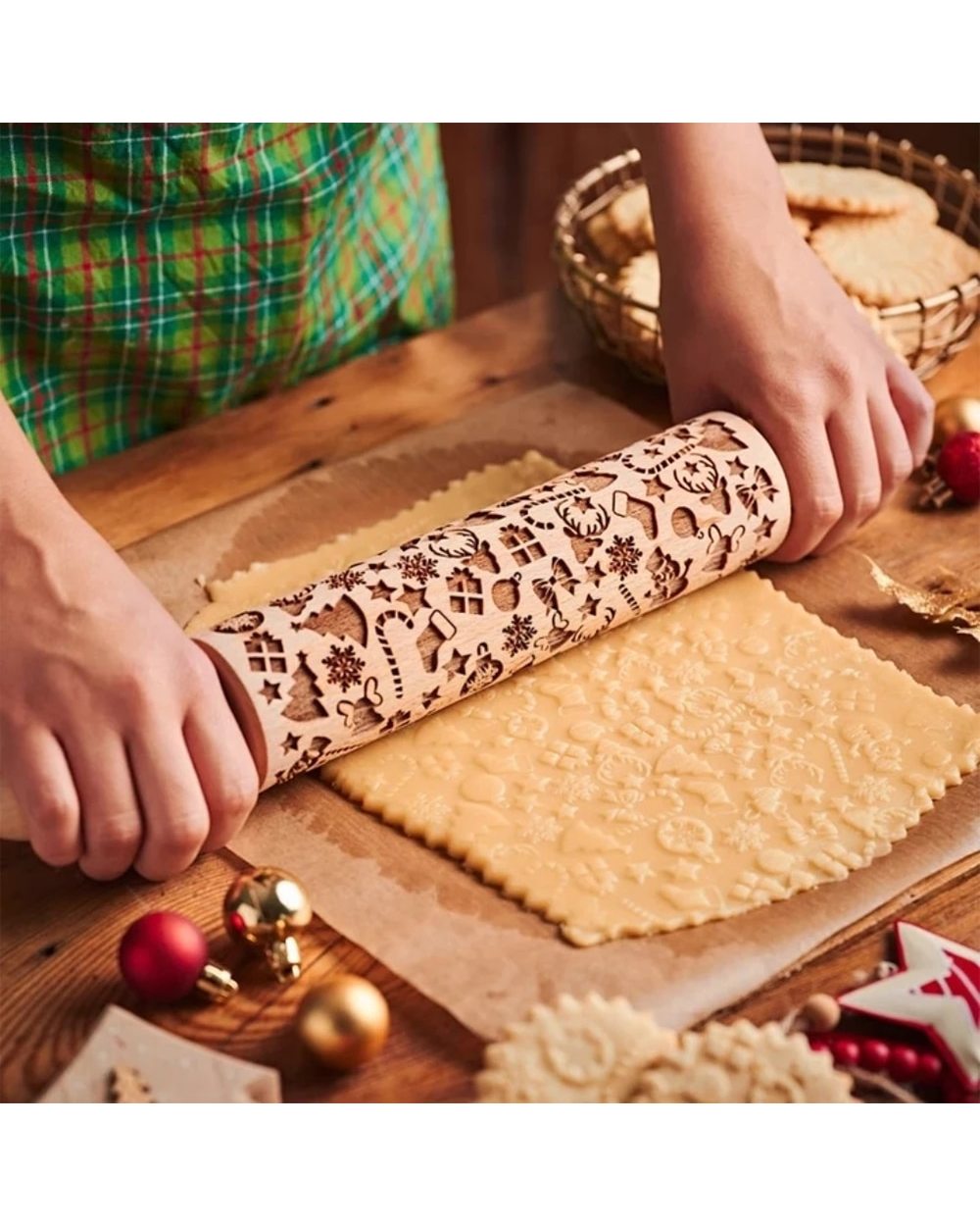 Rolling Pins Snowflake Elk Wooden Rolling Embossing Baking Cookies Biscuit Fondant Cake Patterned Roller Accessories front-3