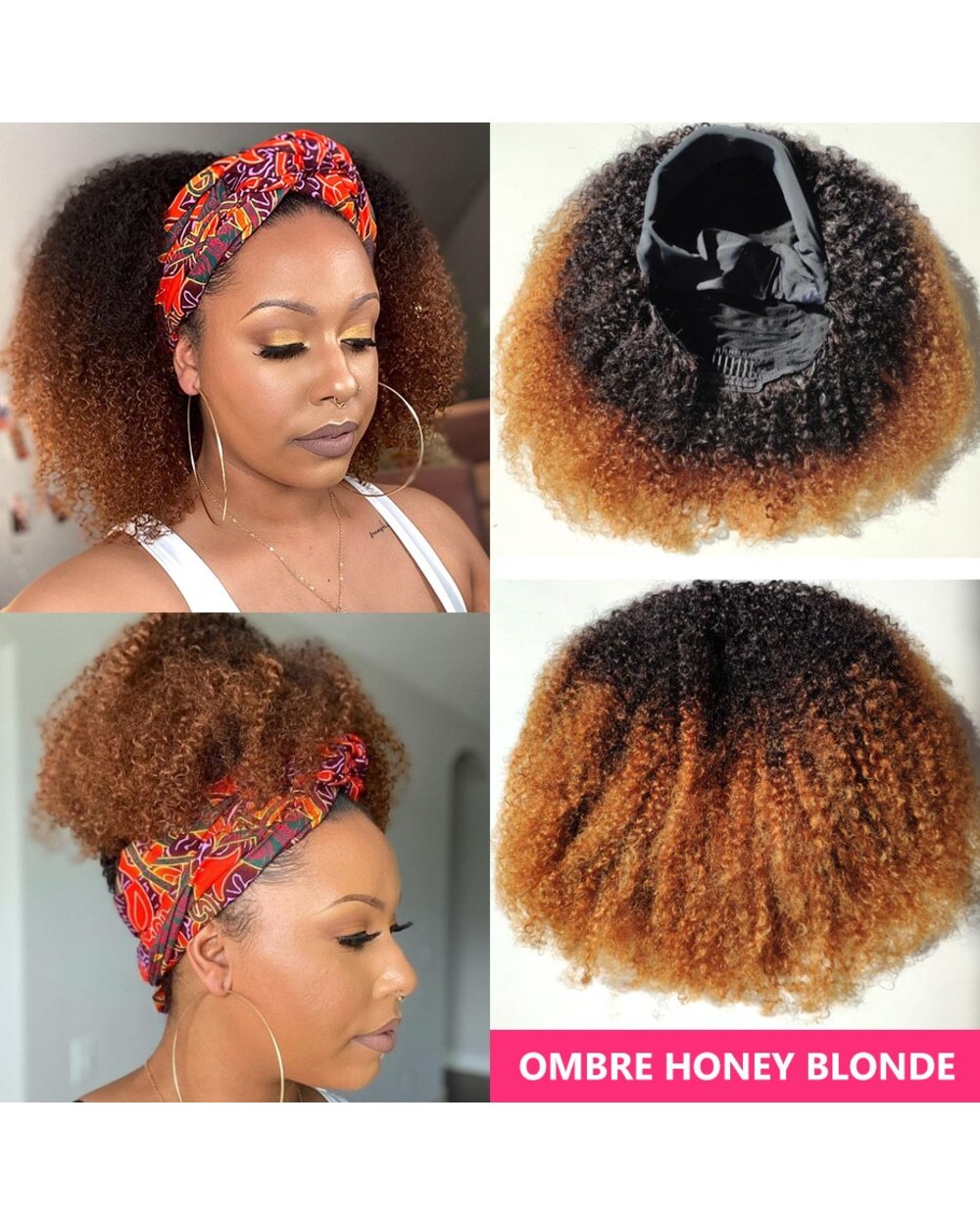 Headband Wig Human Hair Afro Kinky Curly 180 Density Ombre Cheap Human Hair Wigs For Black Women Brazilian Remy Hair front-2