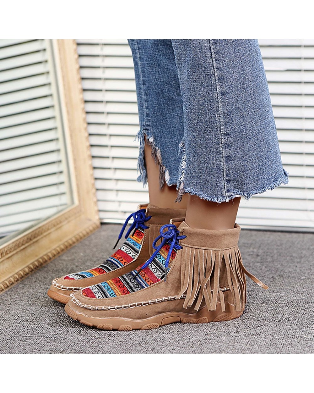 Retro Low Heels Shoes Women Native Style Leather Retro Suede Flat Lace-UP Tassel Short Booties front-2