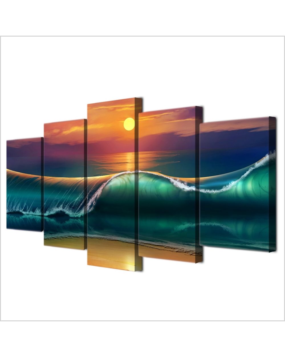 Sunset Beach Huge Waves Incoming Picture Print Nature 5 Panel Canvas Art Wall Decor front-2