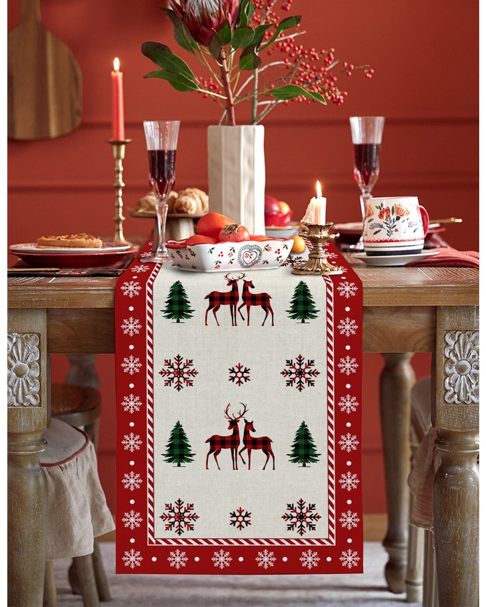 Christmas Table Runner. Tree Elk Snowflake Plaid Christmas Family