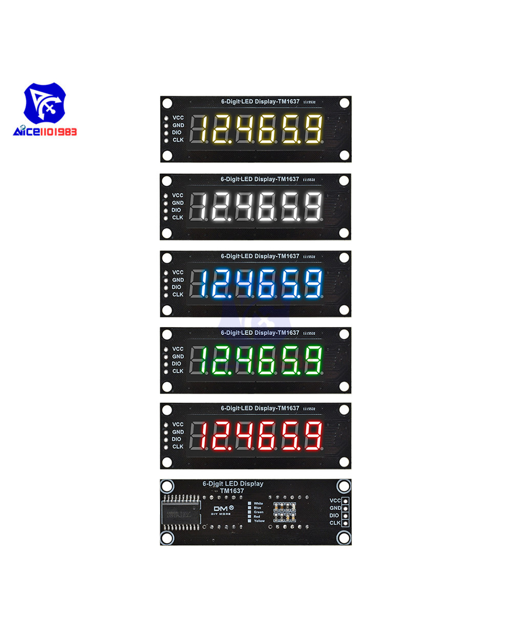 Diymore 0.36 Inch Tm1637 6 Bits 7 Segment Digital Led Display Module I/O Interface 5 Color Available For Arduino front-0