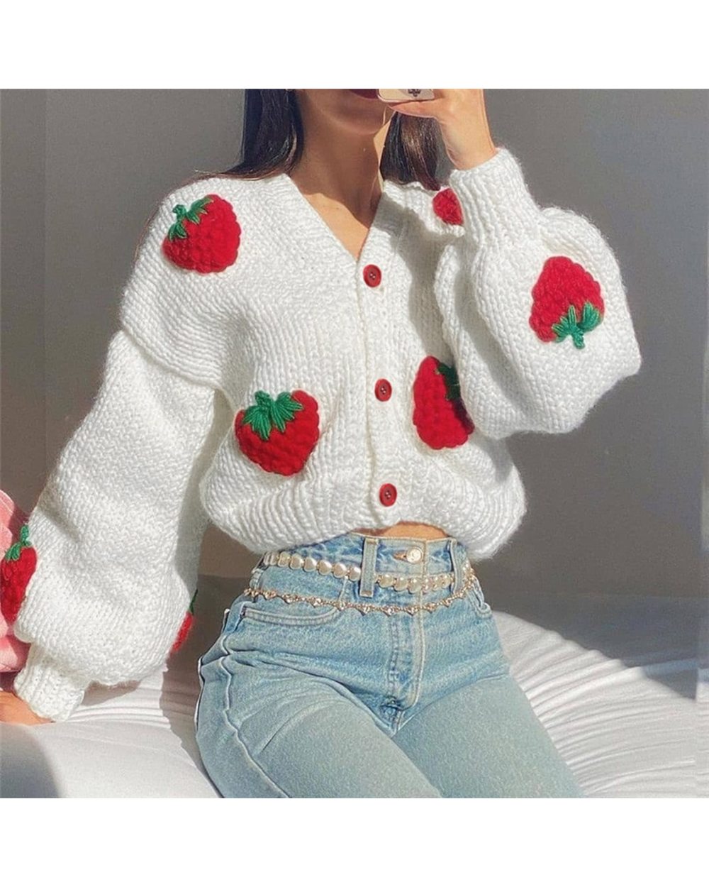 Elegant knitted sweater women European and American lazy three-dimensional pattern loose cardigan retro cute jacket front-2