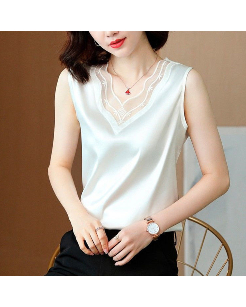 Women Summer Chiffon Tops Shirt Loose Vest Satin Sleeveless Lace V-neck Top Office Lady Blouse front-5