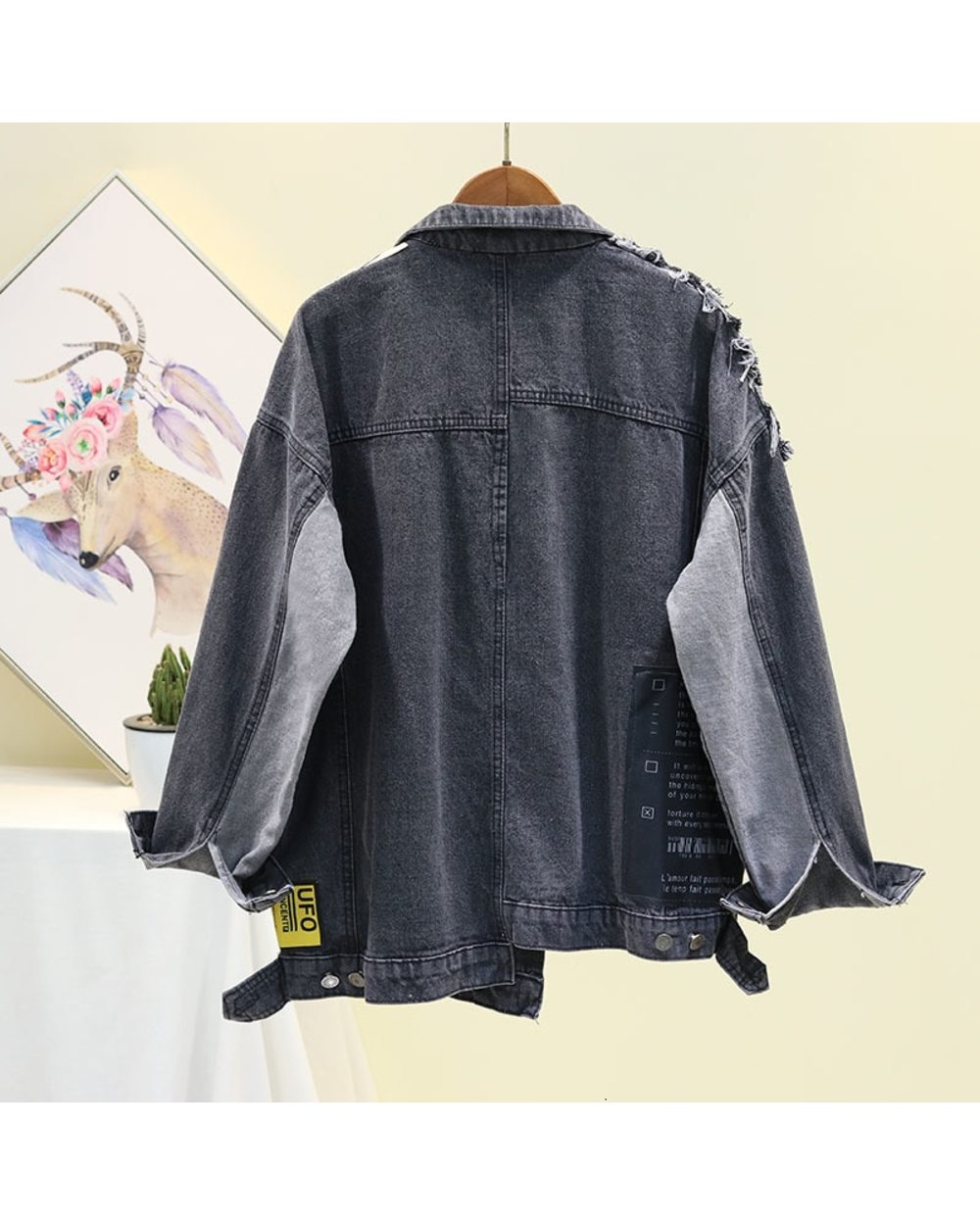 Vintage Black Denim Jacket Appliques Newspaper Pattern Large Size Leisure Trend Coat 2022 Autumn front-3