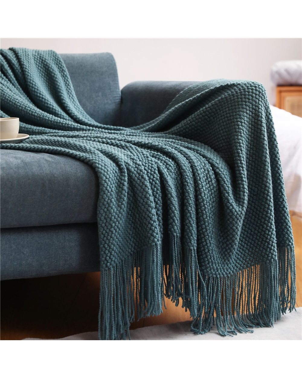 Thickened Knitted Blanket Corn Grain Waffle Embossed Winter Warm Tassels Throw Bedspread 130x240cm front-2