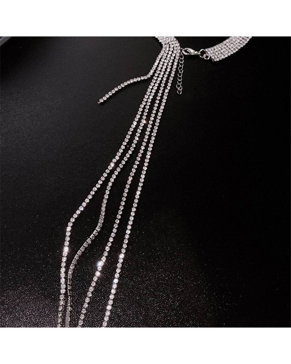 Shine Full Rhinestones Choker Long Tassel Crystal Necklaces front-4