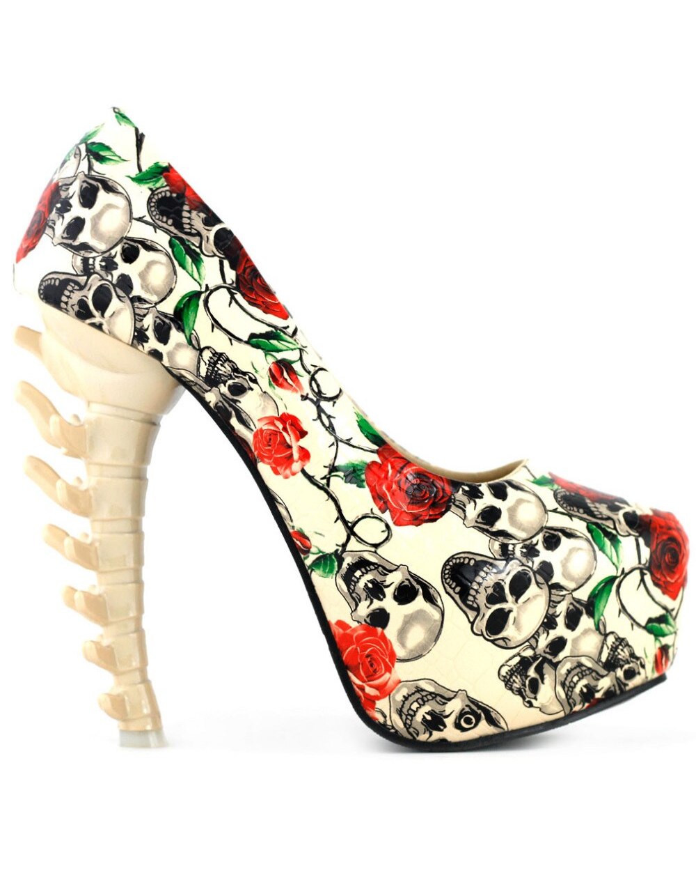 LF80610 Beige Skull Rose Print Platform Bone Heel Party Club Pumps front-0