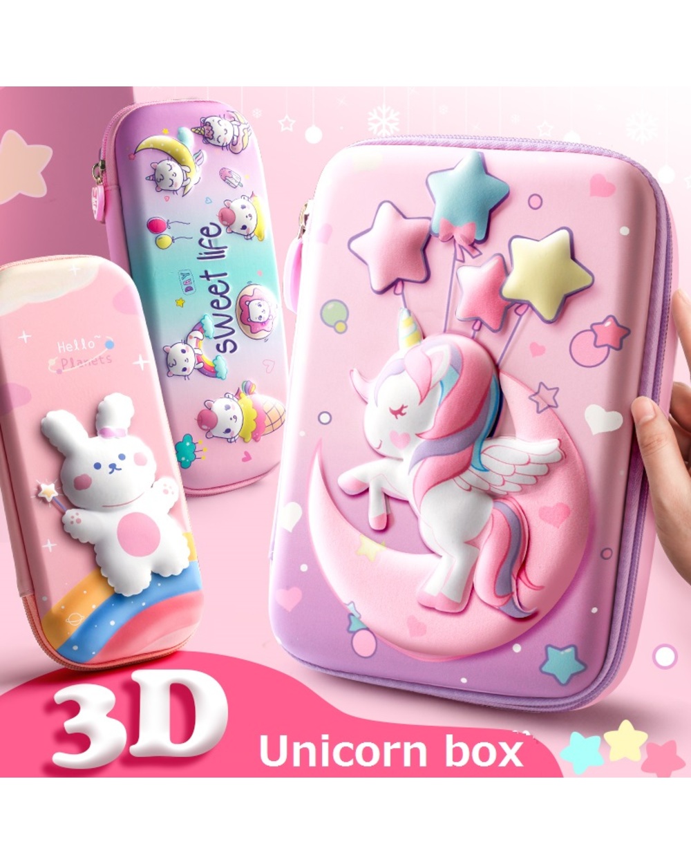 3D Pencil Case Eva Storage Box Lovely Pink Unicorn Cartoon Pen Bag For Kawaii Stationery Gift Pouch School Supplies F front-0
