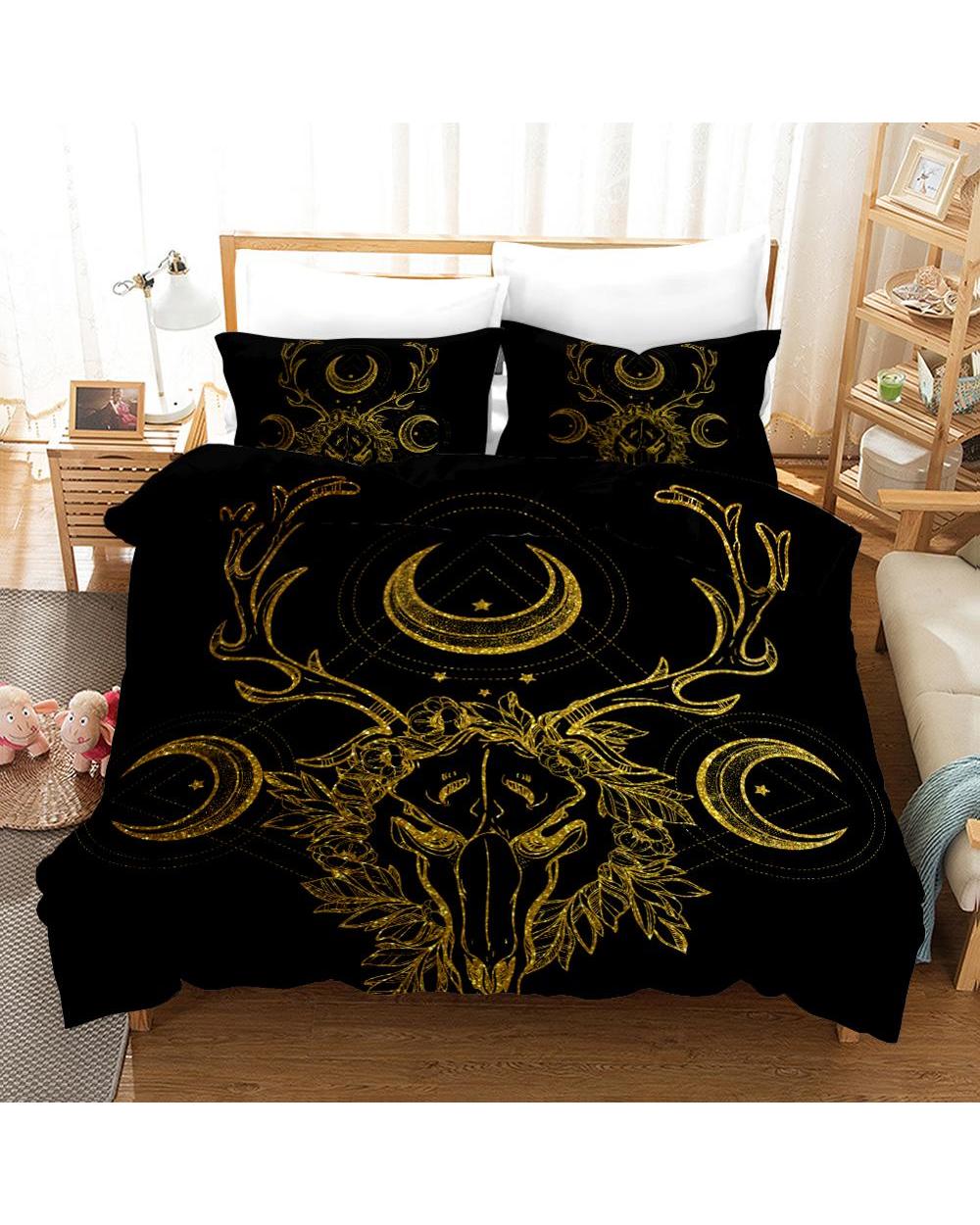 Bohemian Black Gold Duvet Cover Sets,Boho Style Stars Moon Design Bedding Sets, Bedroom Decoration,1Duvet Cover front-2