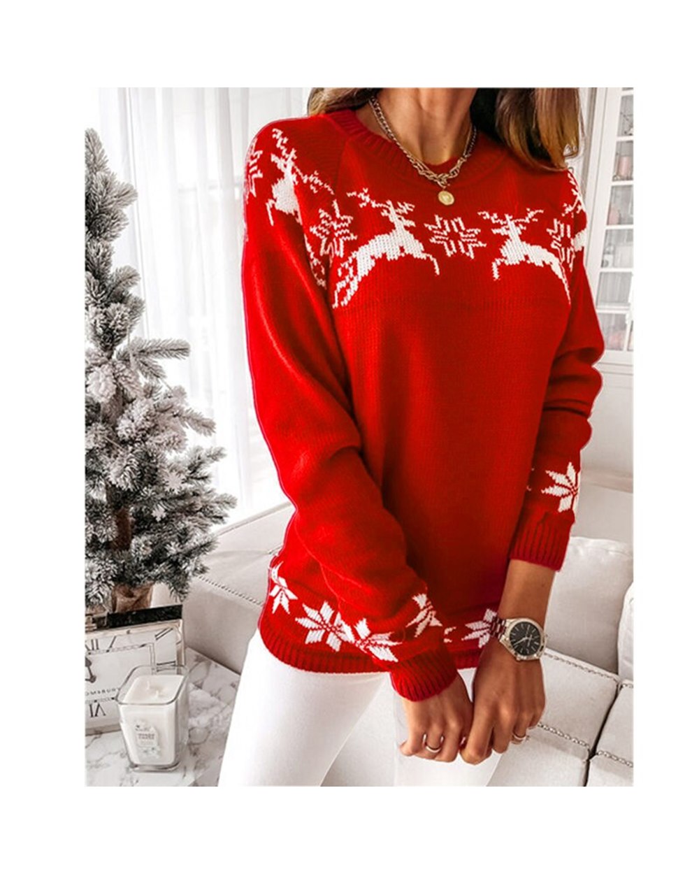 Beautiful Christmas Sweater Round Neck Long Sleeve Elk Deer Snowflake Women's Pullovers Knit front-2