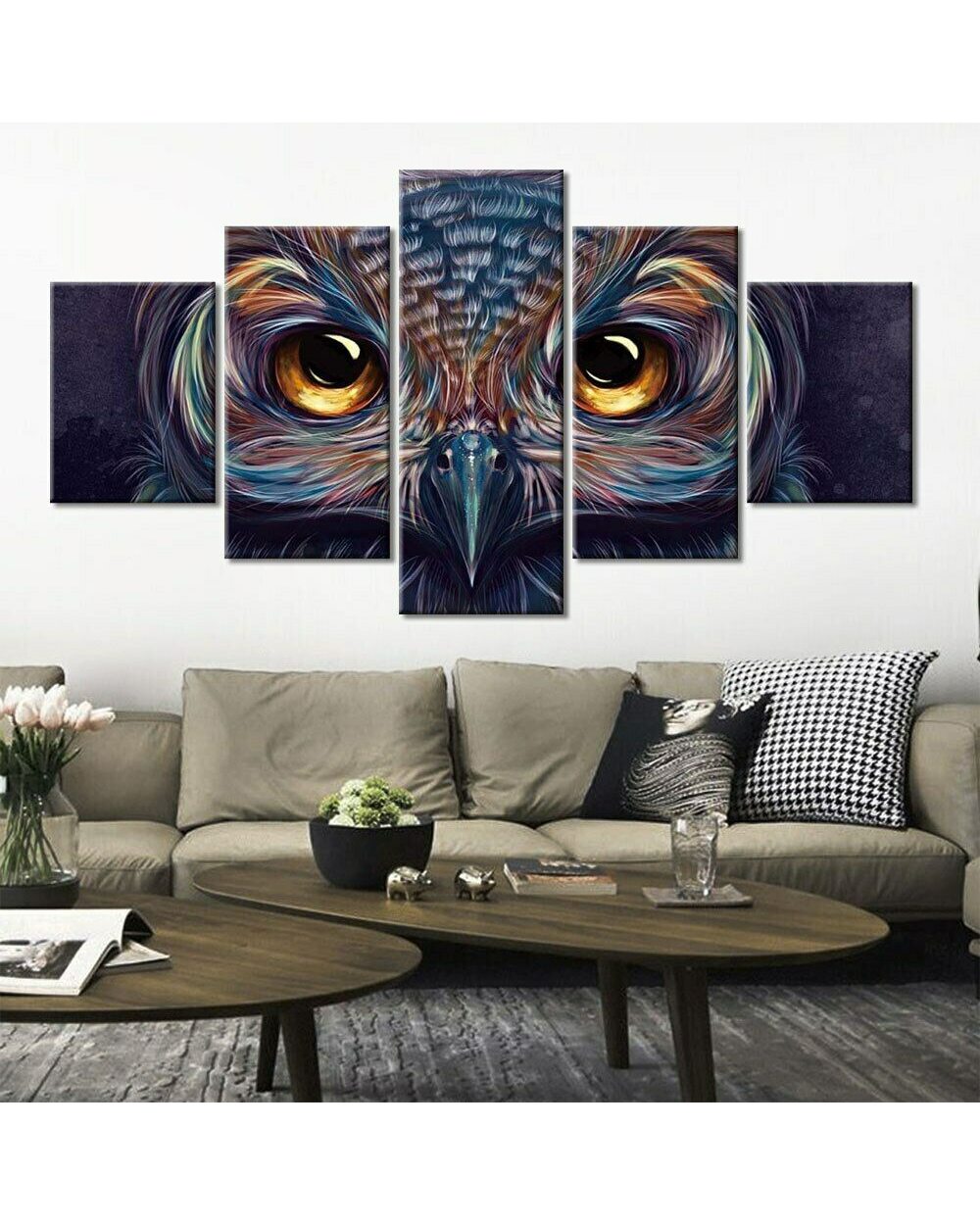 Abstract Animal Owl Head Modern Picture Print Abstract 5 Panel Canvas Art Wall Decor front-1