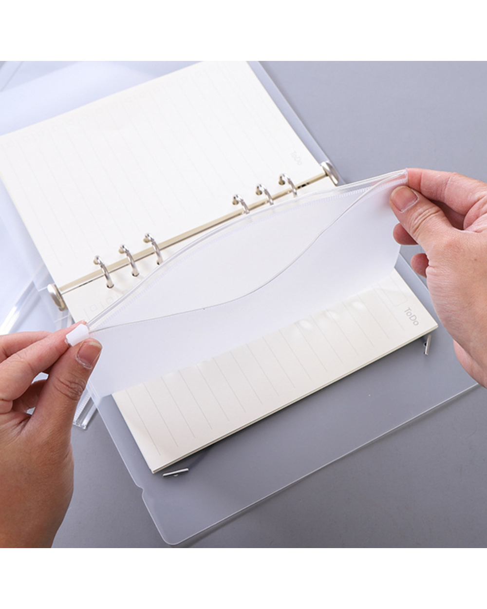 Convenient Clear Pvc A5 A6 A7 Binder Pockets Clear Zipper Folders For 6-Ring Notebook Binder Files Reports Binder front-4