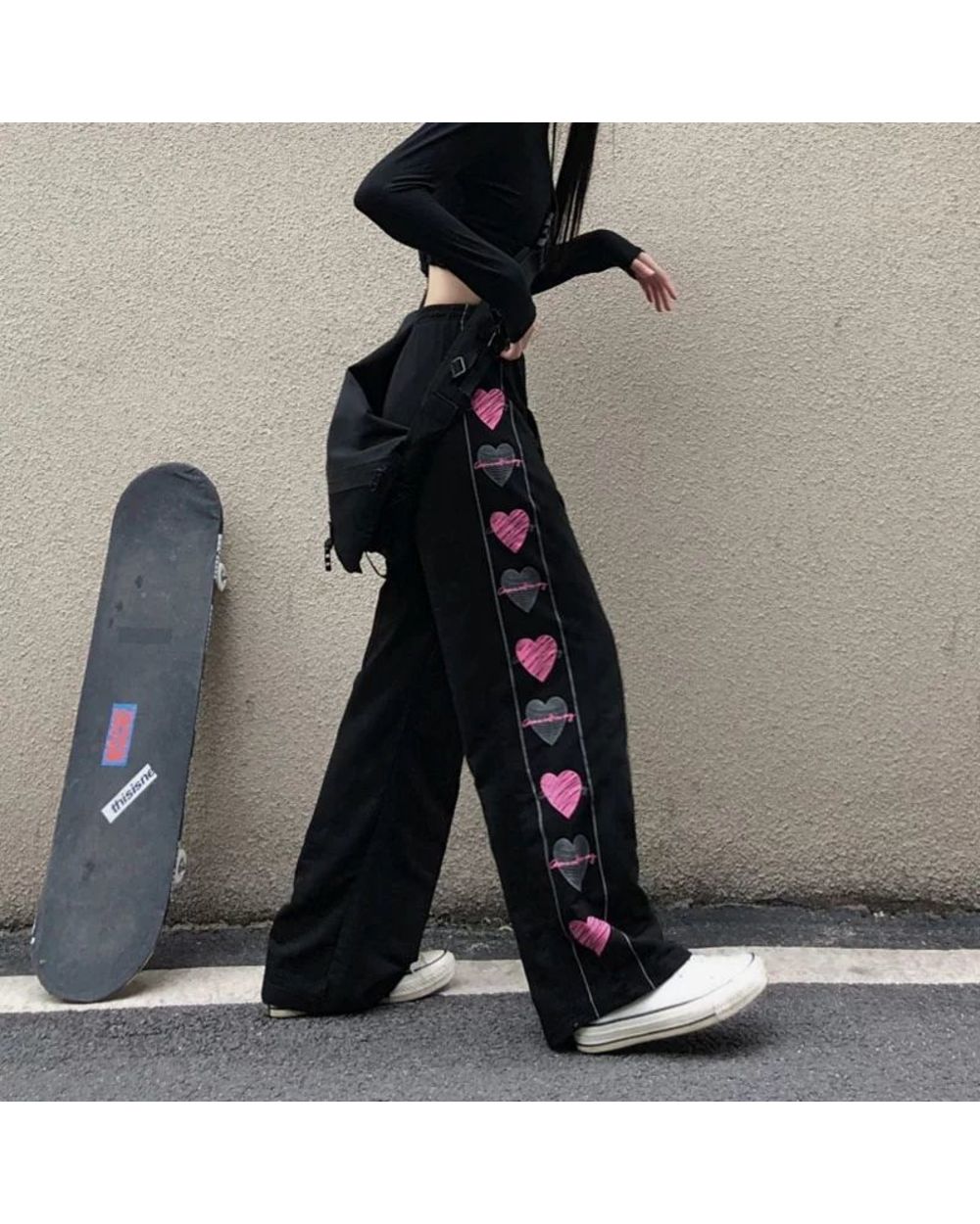 Black Korean Heart Pants Cute Girl Harajuku Trousers Female Streetwear Gothic Sweatpants Women front-0