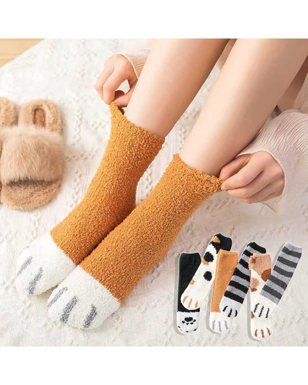 Funny Cute Women's Cat Paw Socks Plush Short Socks Thicken Leg Wammer Sleeping Floor Sox Soft Gift For Female front-0
