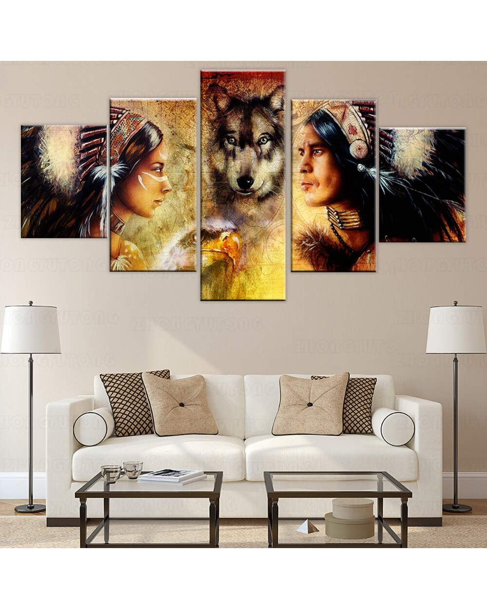 Painting Wolf Indians Picture Print Abstract 5 Panel Canvas Art Wall Decor front-2