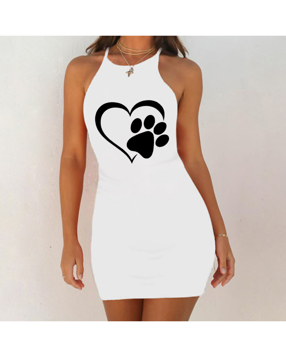 New Women Sexy Night Dress Nightgown Love Dog Paw Print Slim Pack Hip Sleeveless Sleepshirts Nightie Sleepwear front-1