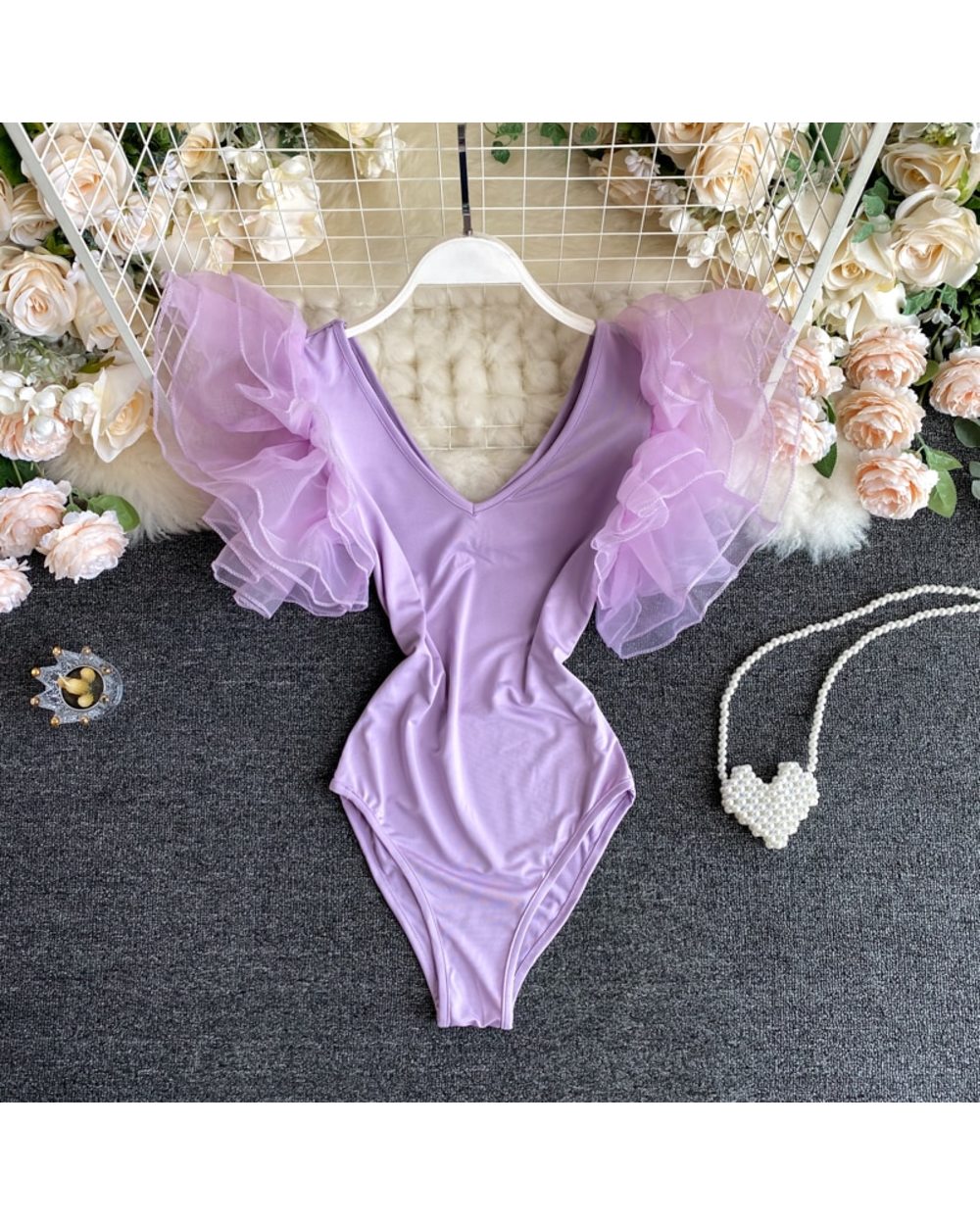 Women Girl Soild V Neck Mesh Ruffle Lotus Leaf Sleeve Bodysuits Swim Beach Holiday Bodysuit Rompers Outfit front-2