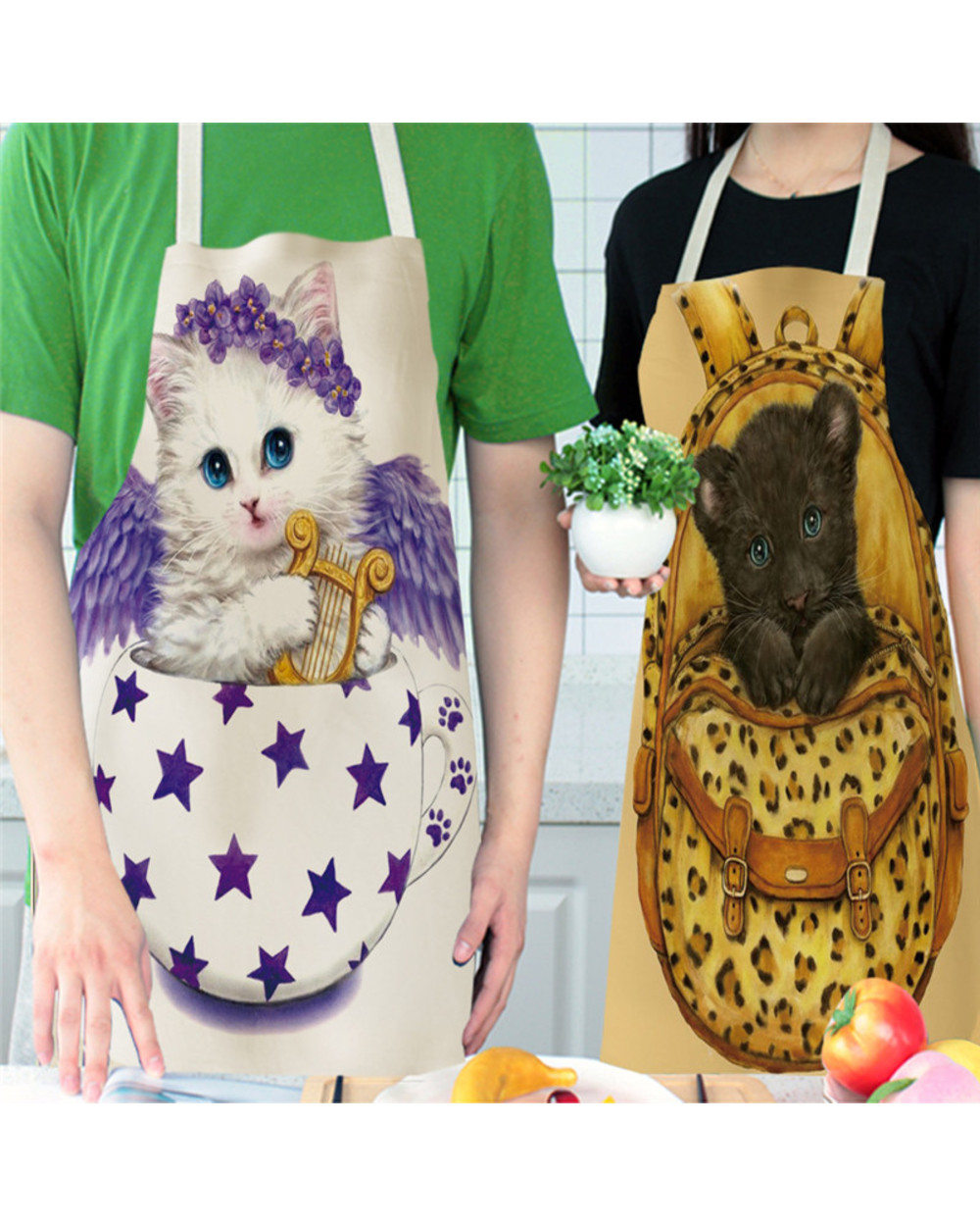 Panda Pattern Kitchen Apron For Woman Sleeveless Cotton Linen Aprons Home Cooking Baking Bibs Cleaning Tools front-3