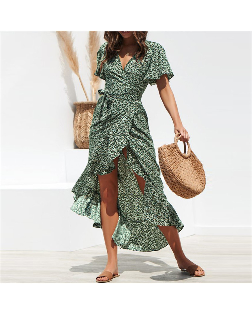 Maxi Dress Women Summer Beach Floral Printed Boho Long Chiffon Robe Ruffles Wrap Casual V-Neck Split Sexy Party Dress F front-1