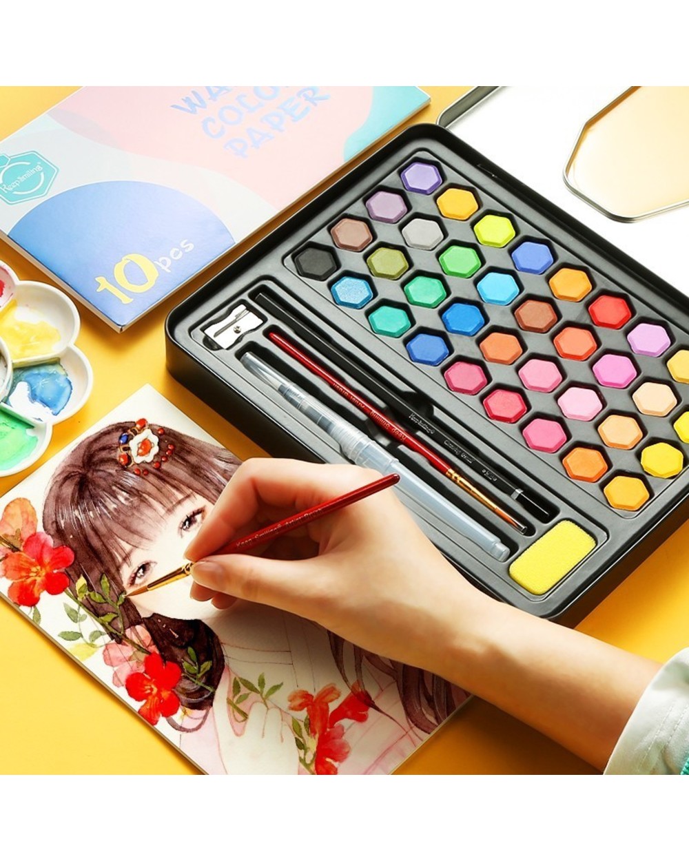 High Quality 36 Colors Portable Travel Solid Pigment Watercolor Paints Set With Watercolor Brush Pen For Painting Art S front-1