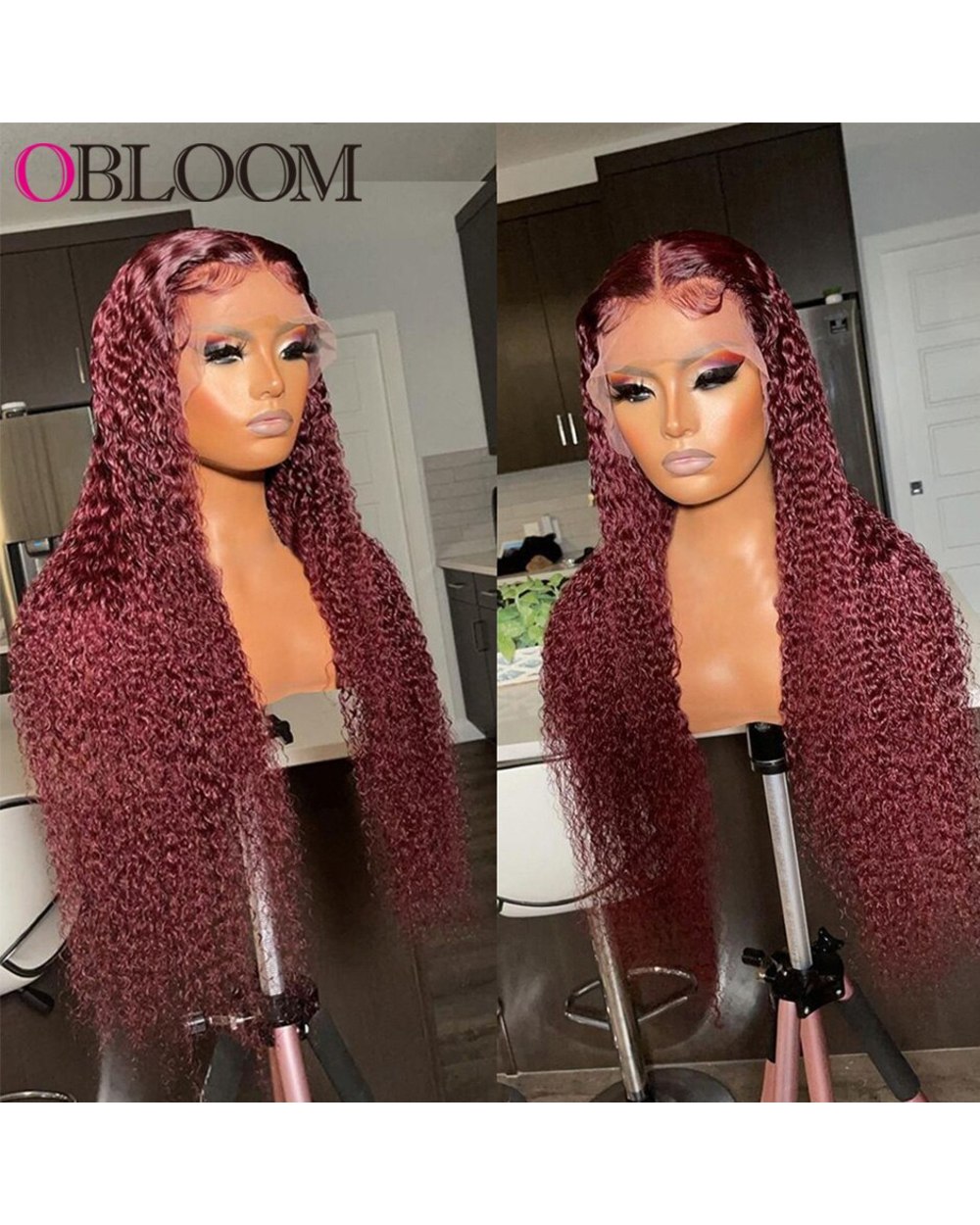 Lace Front Wig Human Hair Wigs Transparent Deep Wave Burgundy 99J Kinky Curly Wig Pre plucked Bleached Knots Wig front-3