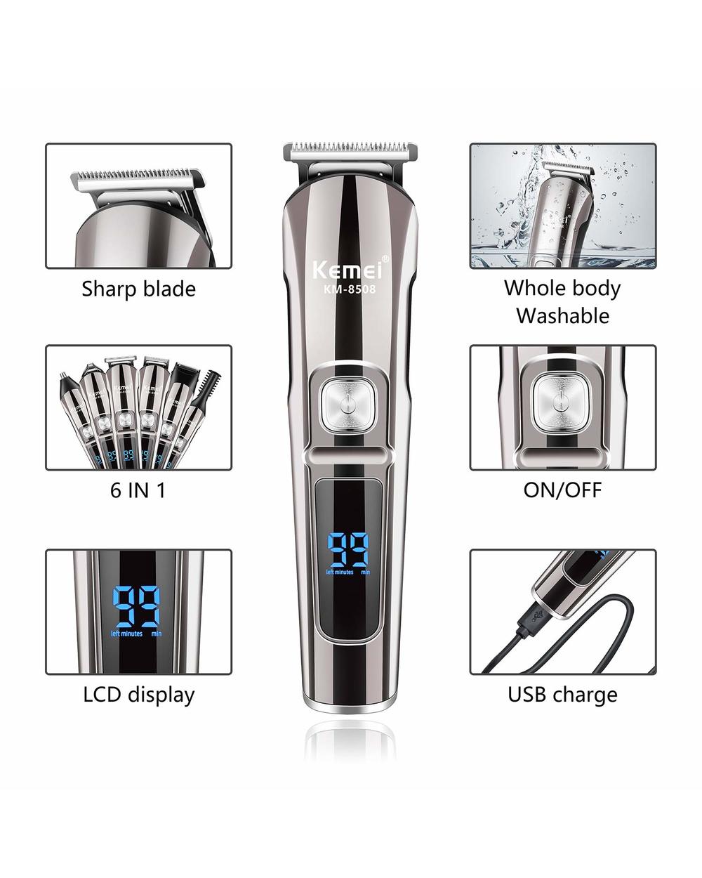 Kemei Professional Hair Trimmer Waterproof 6 In 1 Hair Clipper Electric Hair Cutting Machine Beard Trimer Body Men Hair front-1