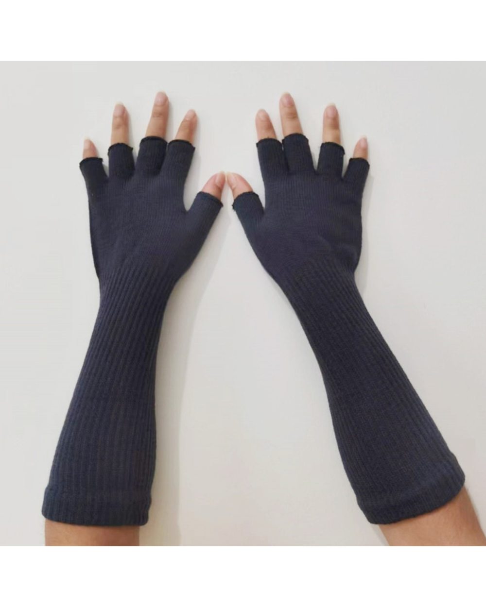 1 Pair Long Knitted Unisex Half Finger Gloves Women Girls Autumn Winter Arm Warmers Pure Black Elbow Long Warm Work Glo front-2