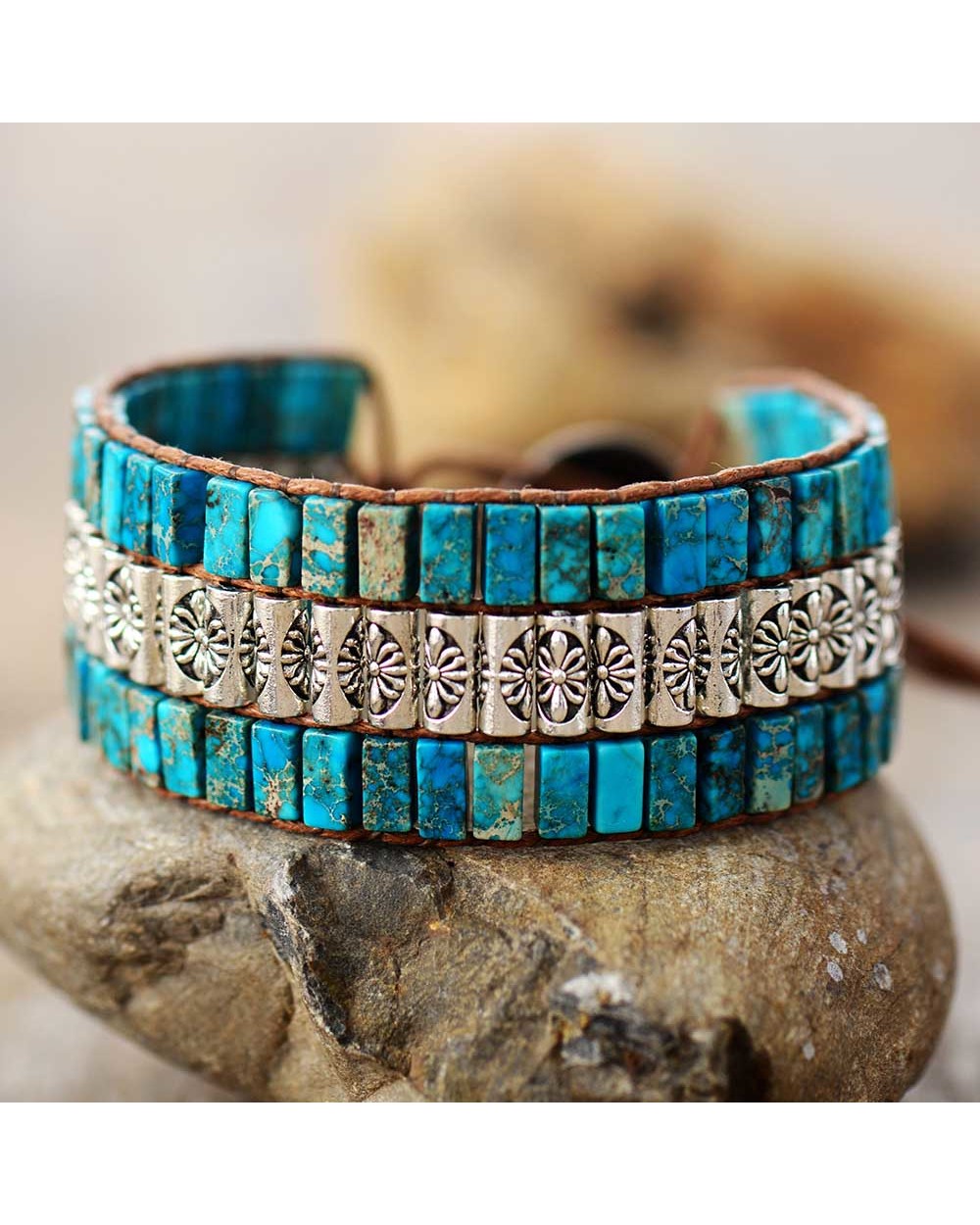 Handmade Wrap Bracelet Turquoises Antique Metal Beads Weaving Statement Wristband Bracelet WCS front-0