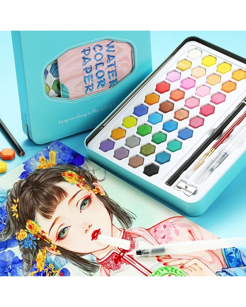 High Quality 36 Colors Portable Travel Solid Pigment Watercolor Paints Set With Watercolor Brush Pen For Painting Art S front-4