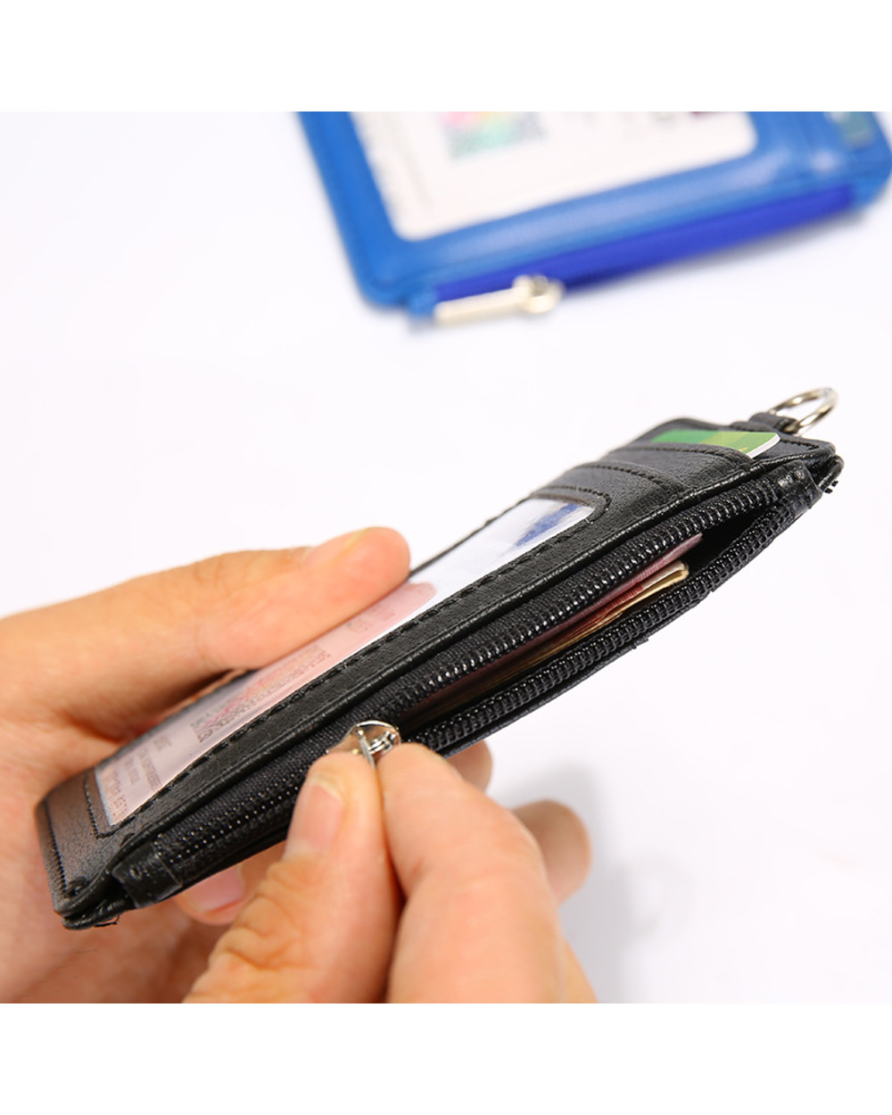 1Pc Leather Id Badge Card Holder Lanyard Zipper Card Case Business Card Holder Organizer Portable Wallet front-1