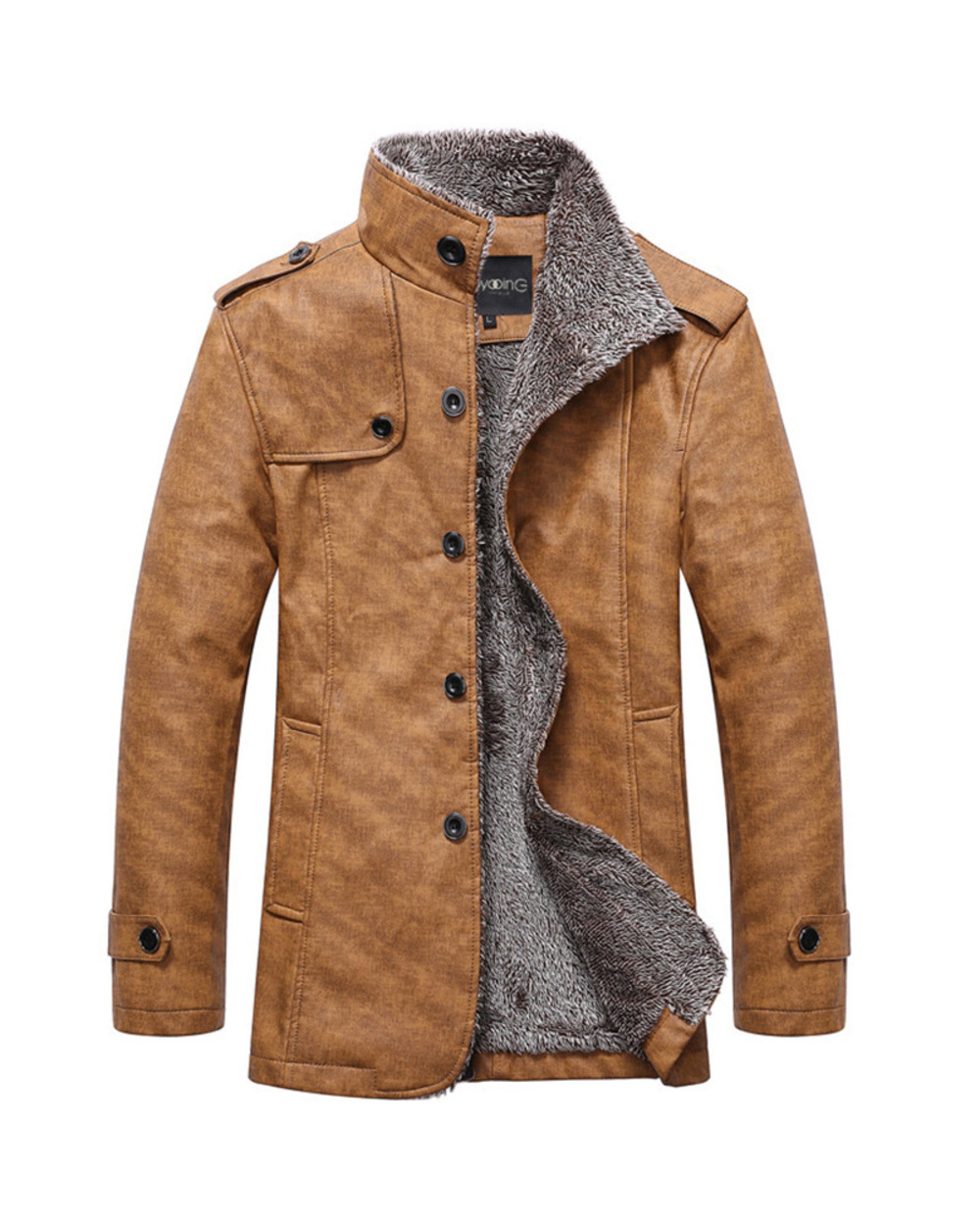 Men Solid Long Sleeve Faux PU Leather Coat front-0