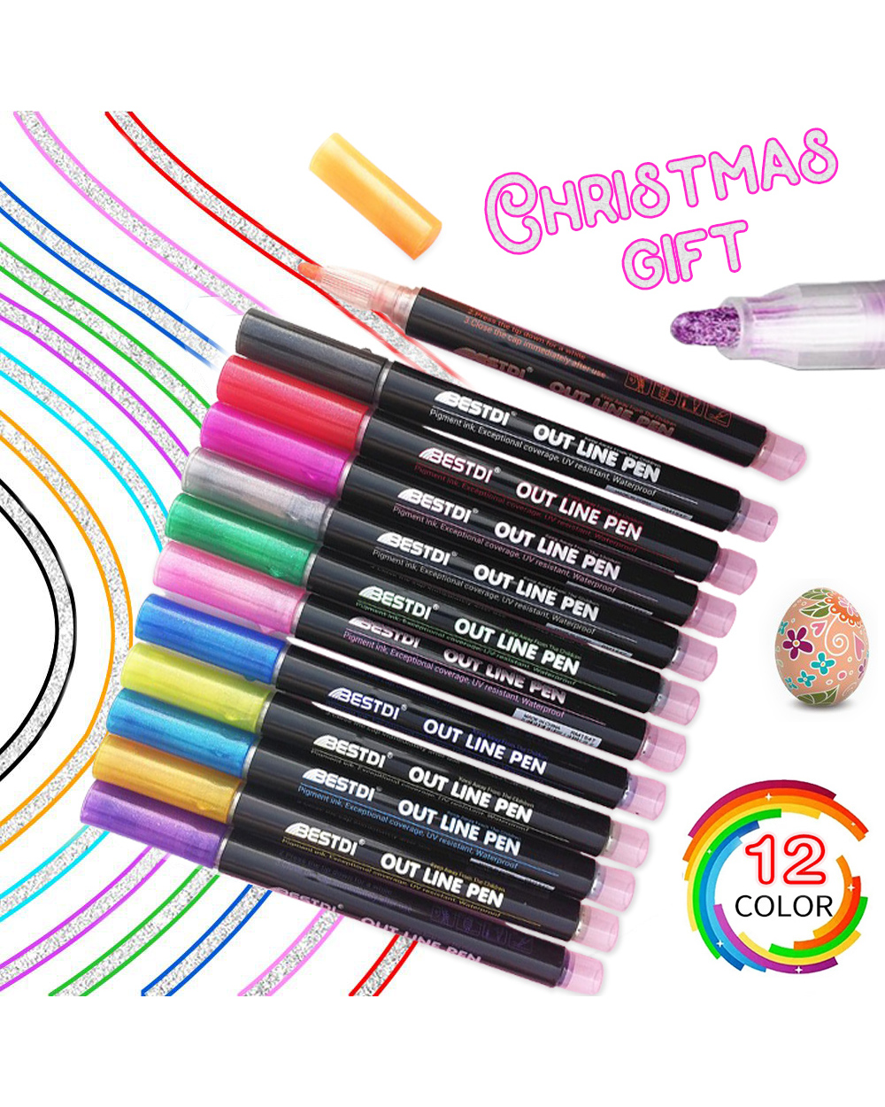 12 Colors Double Line Outline Pen Marker Pen Highlighter Scrapbook Diy Graffiti Bullet Diary Painting Writing Art Stati front-0
