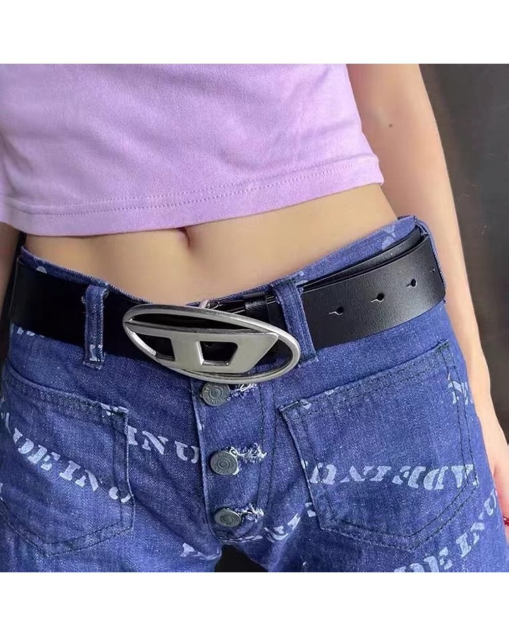 The New Oval Metal Letter Buckle Male And Female Pu Decorative Belt Fashion Luxury Design Personality Versatile Denim B front-2