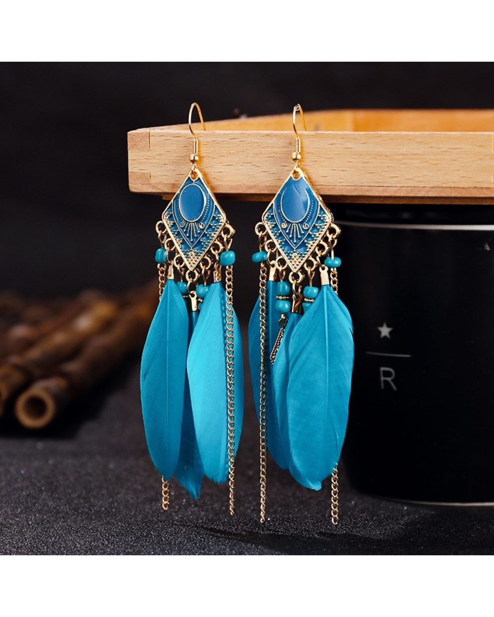 Blue Long Feather Dangle Earrings WCS front-4