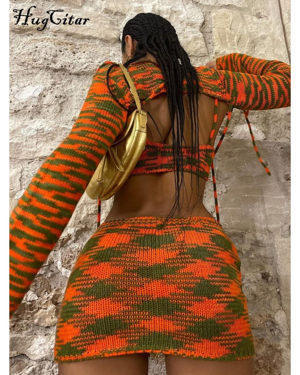 Knitting Women Long Sleeve Crop Top Drawstring Mini Dress Set Autumn Y2K Streetwear Outfit Fashion front-3