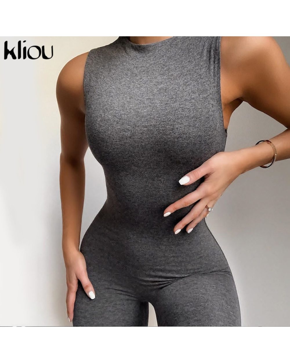 Kliou jumpsuit women elastic hight casual fitness sporty rompers zipper activewear skinny summer outfit front-5