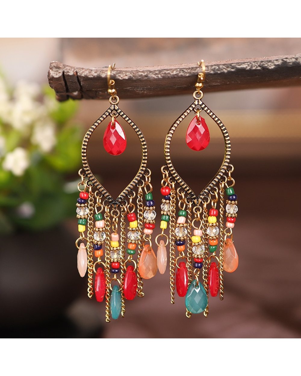 Antique Gold Plated Long Water Drop Tassel Earrings WCS front-1
