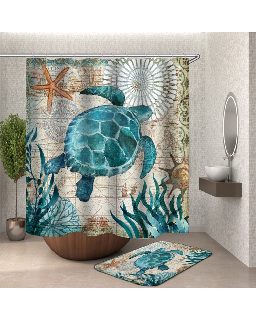 Sea Turtle Waterproof Shower Curtain Octopus Home Bathroom Curtains with Hooks Polyester Fabric Bath Curtain Or mat front-0