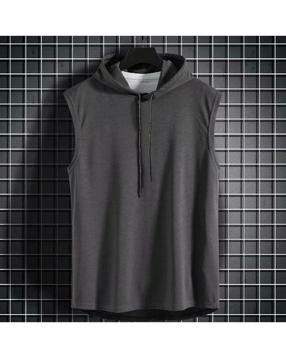 Men Muscle Hoodie Vest Sleeveless Pure Color All Match Loose Sweat Absorption Summer T-Shirt For Gym Workout Fitness front-2
