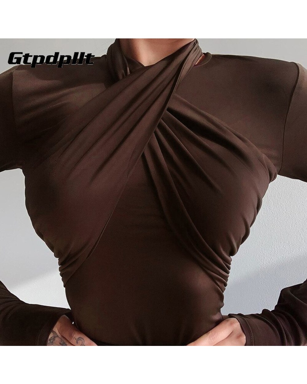 Gtpdpllt 2020 O Neck Cross Bodysuit Women Autumn Winter Black Body Top Long Sleeve Party Sexy Brown Romper front-0