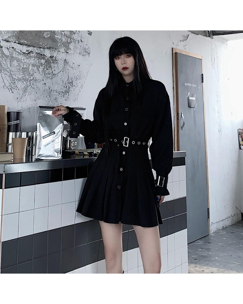 JMPRS Gothic Women Shirt Dress Elegant Belt Black Pleated Mini Dress Spring Sexy High Waist Club Party Vestidos front-2